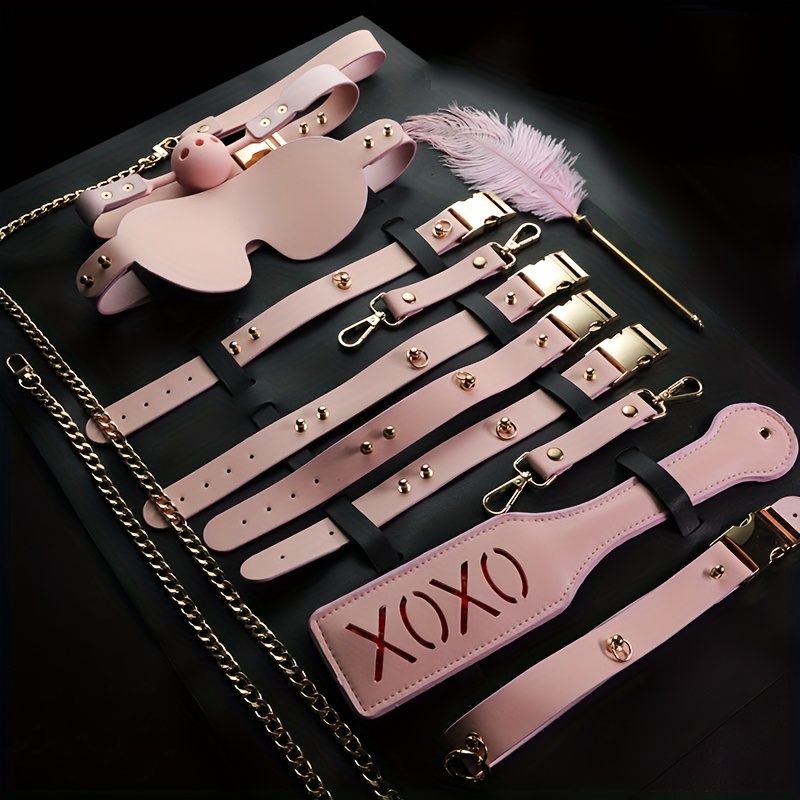 SM Sex Toys Various Colors Leather 9pcs Set Handcuffs Leg Cuffs Lead Collar Adult Sex Supplies Couples